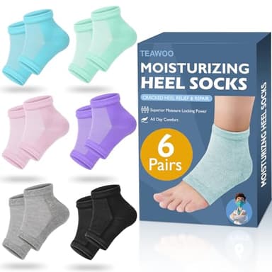 TEAWOO Moisturizing Heel Socks - 6 Pairs for Dry Cracked Feet, Toeless Gel Socks for Hydration and Repair