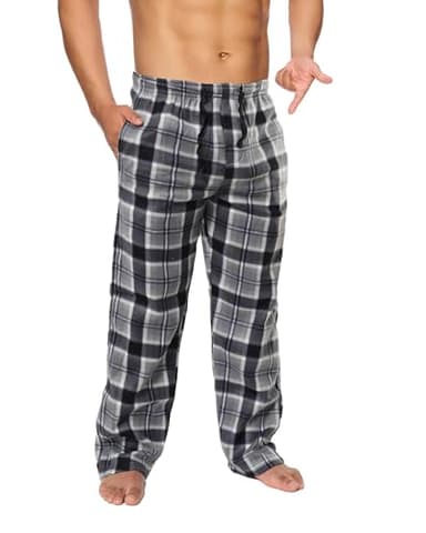 Active Club Mens Fleece Pajama Pants - Plaid Mens PJ Pants - Mens Lounge Pants with Pockets - Men's Sleepwear (Black/Grey, Large)