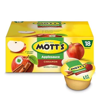 Mott's Cinnamon Applesauce, 4 Oz Cups, 18 Count, No Artificial Flavors, Good Source Of Vitamin C, Nutritious Option For The Whole Family