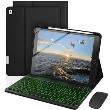 Keyboard Case for iPad 9.7 Inch 6th / 5th Generation 2018/2017 & Pro 9.7 Inch 2016, Mouse and 7 Colors Backlit Detachable Keyboard, Adjustable Stand Built in Pencil Holder, Auto-Sleep/Wake, Black