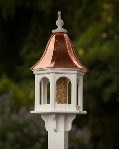 Deluxe Hexagon Bird Feeder with Copper Bell Roof, White PVC Construction, 28 Inch Height, 12 Inch Wide, Removable Top for Easy Cleaning (BF12-PANELS-BC)