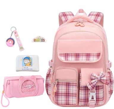 5Pcs Pink Backpack for School Girls - Kids Schoolbag for Elementary School Kawaii Bookbag for Cute Plaid Girls Daypacks for Students Teen Kids Casual Travel Bag (Pink Plaid)
