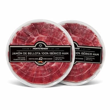 Monte Nevado Jamon Iberico Acorn-fed - (Bellota, Pata Negra) 100% Iberico - 3oz Each, Pack of 2 units, Pre-Sliced Vacuum Packed Spanish Dry-Cured Iberico Ham - Tapas & Charcuterie Ready, Friends and Family Moments