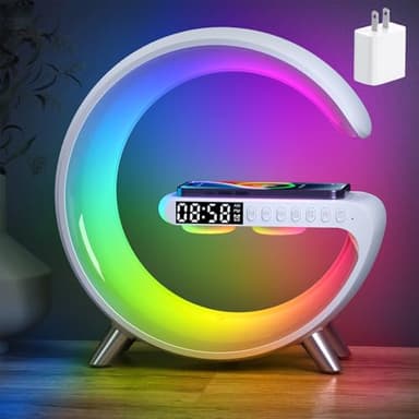 Smart LED Table Bedside Lamp with Bluetooth Speaker & App Control, 15W Fast Wireless Charging Station Dock, Sunrise Alarm Clock, Cool Night Light, for Bedroom, Home Decor, Birthday, Christmas Gifts
