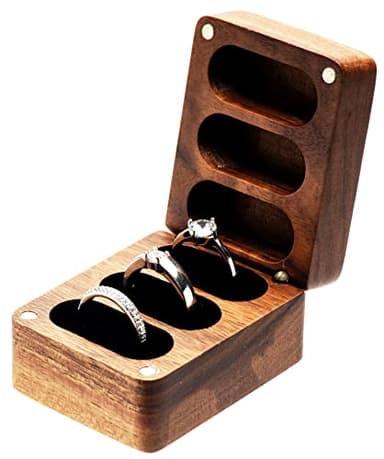 COSISO Walnut Wooden Wedding Ring Storage Box, Solid Ring Holder for 3 Slots, Black Inner
