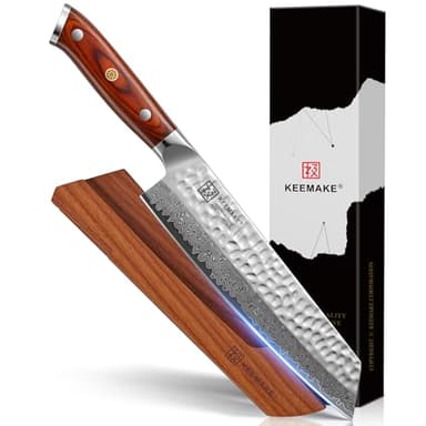 KEEMAKE Kiritsuke Chef Knife 8 Inch, Damascus Kitchen Knife Professional Gyuto Knives, Ultra Sharp Cooking Knives with Ergonomic Pakkawood Handle & Ash Sheath