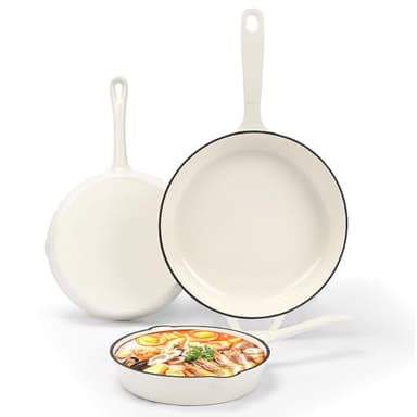 Nonstick Enameled Cast Iron Cookware - 3 enameled cast iron skillet 8-Inch, 9.5" Frying Pan & 11-Inch Large Cookware, Healthy Non Toxic Cooking Pan, PFOA PFAS PTFE Free, White