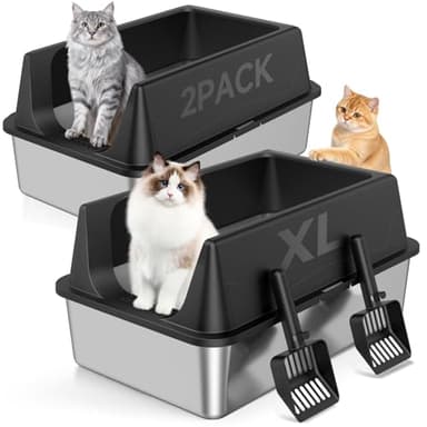 TEVILA 2 Pack XL Stainless Steel Litter Box with High Sides Shield for Multi Cat, Extra Large Tall Wall Open Top Deep Metal Pan for Big Cats, Anti-Leak Non-Stick Odor Control, 2 Scoops Included, Black
