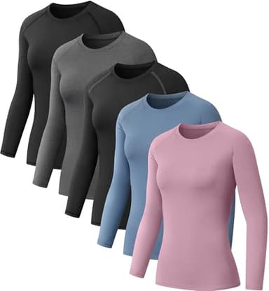 NebuKinex 5 Pack Women's Compression Shirt Long Sleeve Workout Tops Athletic Baselayer Quick Dry Gym Yoga Running T-Shirt 2Black/Grey/Blue/Purple M