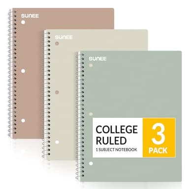 SUNEE Spiral Notebooks, 3 Pack, 1-Subject, College Ruled Paper, 8" x 10-1/2", 70 Sheets per Notebook, Assorted Aesthetic Colors Spiral Notebooks for School