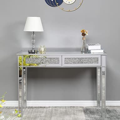 Karl home Mirrored Desk with 2 Drawers Silver Console Table Mirror Sofa Table with Crystal Inlay Front for Living Room, Entryway, Foyer, 42 Inch