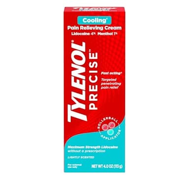 Tylenol Precise Cooling Sensation Lidocaine Cream, 4% Lidocaine & 1% Menthol, Maximum OTC Strength Pain Relief for Back, Muscle & Joint, Fast-Acting Numbing Cream with Rollerball Applicator, 4 oz