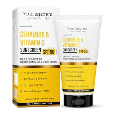 Dr. Sheth's Ceramide & Vitamin C Sunscreen SPF 50+ PA+++ | One Step Routine for Summer | For Women & Men | UVA UVB Sun Protection | 1.76 Oz / 50g