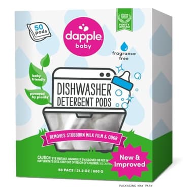 Dapple Baby Dishwasher Pacs, Hypoallergenic Dishwasher Pods Powered by Plants, Removes Milk Residue & Odor on Dishes, Baby Bottles & Kitchenware, Fragrance Free, 50 count
