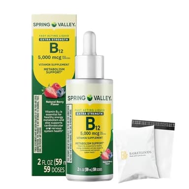 Liquid Vitamin B12, 5000mcg, Spring Valley Vitamin b12, Metabolism Supplement, Berry Flavor, 2 fl oz - Set by Basket Goods