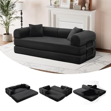 ZQRhome 79" 5-in-1 Convertible Sofa Bed, King Size Sleeper with Bonus Pillows & Heavy Duty Frame, No Assembly Corduroy Couch Bed for Movie Night & Guest Room, Black