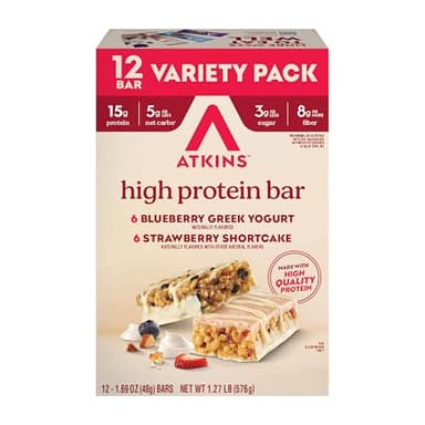 Atkins Blueberry Greek Yogurt & Strawberry Shortcake High Protein Bar, High Fiber, Keto Friendly, 12 Count (6 Bars Each Flavor)
