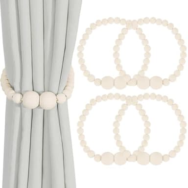 KLOGTSIND Magnetic Curtain Tiebacks, 4 Pack Curtain Holdbacks for Draperies, Wood Bead Curtain Tiebacks, Elegant Curtain Tie Backs for Bedroom Decor, Boho Room Decor, Nursery Decor, Farmhouse Decor
