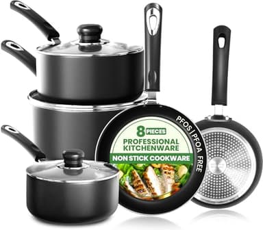KICHLY 8 Pieces Pots and Pans Set, Non Stick Kitchen Cookware Set, Induction Frying Pans 20cm, 28cm, Saucepan with Lids 20cm, 18cm, Non Induction Saucepan 16cm, Pots and Pans Set Nonstick, Black