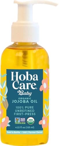 HobaCare Organic Jojoba Baby Oil with Pump – 100% Pure Natural Unrefined Unscented Cold Pressed Jojoba Oil for Baby Hair, Infant Skin, Body Care (4.22 oz)