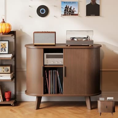 XHSSF Record Player Stand, Midcentury Modern Furniture Turntable Stand with Sliding Doors, Audio-Video Shelving Cabinet, Fluted Media Stand and TV Stand for Living Room, Bedroom (Walnut) (Medium)