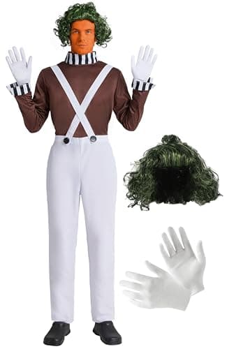 Maxim Party Supplies Men's Factory Worker Costume - 4 Piece Set with Overalls, Shirt, Wig & Gloves - Chocolate Candy Outfit (Large)
