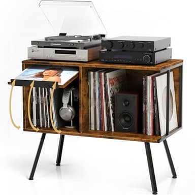 Faesun Flip Top Record Player Stand, Large Turntable Stand Holds up to 150+ Albums, Vintage Mid Century Record Player Table, Stereo Cabinet with Open Storage, for Living Room, Bedroom, Rustic Brown