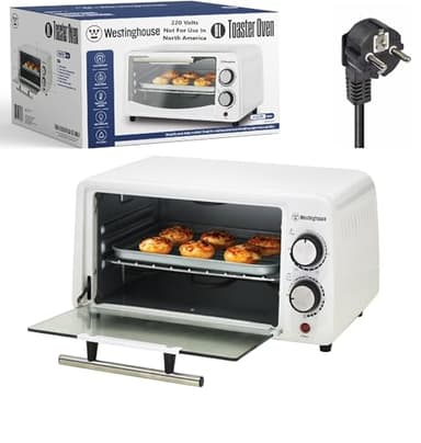 Westinghouse 220 Volt Toaster Oven with 4 Slices, 9 Liter Capacity, White Stainless Steel Bundle With Dynastar 220-240 Volts (NOT FOR USE IN USA)