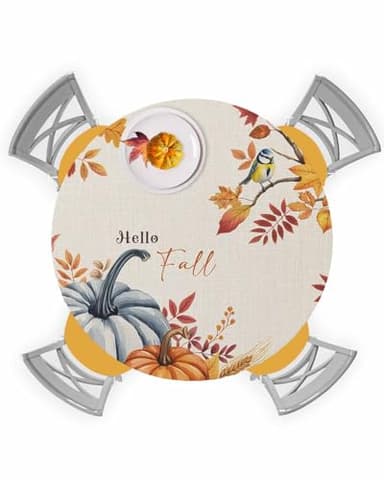 SDAIFCAING Fall Round Tablecloth, Thanksgiving Autumn Pumpkin Leaf Pkant Waterproof Patio Table Cloths 36-44, Elastic Fitted Washable Table Cover for Kitchen Dining Room Parties Holiday Covers