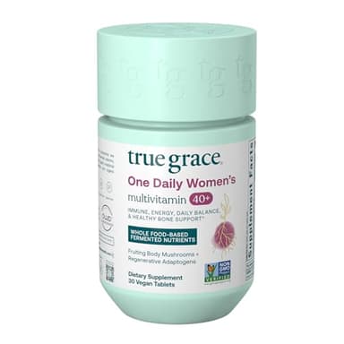 True Grace One Daily Women’s Multivitamin 40+ Fermented Minerals, Organic Adaptogens & Mushrooms Energy, Immune, Bone Support - Non-GMO - Iron, Gluten & Soy Free - 30 Vegan Tablets