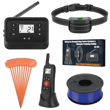VOISTINO 2-in-1 Wired Dog Fence & Remote Training Collar, Underground/Aboveground Dog Fence, Electric Pet Containment System, Tone/Vibration/Shock Mode, 650Ft Wire, for 2 Dogs