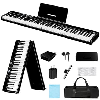 Rhymo 88 Key Portable Piano Keyboard, Semi-Weighted Folding Piano Full Size, Ultra Sound Upgrand Imitation Wood Texture Keyboard w/MIDI Bluetooth LCD Display Screen, Sustain Pedal for Beginners Adult