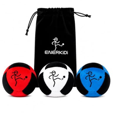 ENERKIDI 3 Pack Footbag Set, 8-Panel Kick Balls with Drawstring Storage Bag