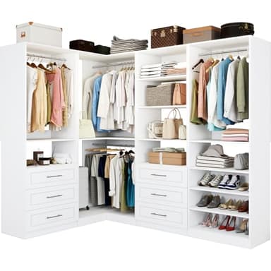 Vomavex Closet System with 4 sets, 101.9" Closet Organizer Systems with 6 Drawers & 8 Hanging Rods & Adjustable Shelves, Walk in Closet Standing Closet System, Corner Closet System Set, White