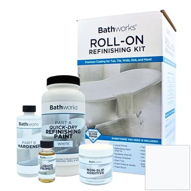 Bathworks Quick-Dry Roll-On Refinishing Kit - 22 fl oz, High Gloss White, Complete DIY System with Tools & Non-Slip Additive - Faster 12-Hour Dry Time for Bathtubs, Tile, Sinks & Showers