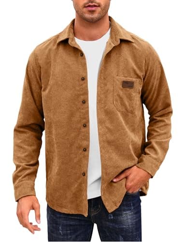 Comdecevis Men's Corduroy Button Down Shirt Casual Shirts Long Sleeve Shacket Jacket with Pocket Brown Large