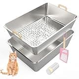 JDCQKHA Stainless Steel Sifting Cat Litter Box, Extra Large Sifting Litter Box for Pine Pellets, Odor Control Metal Cat Litter Pan with Metal Scoop and Litter Liners, Easy to Clean