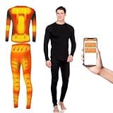 Electric Heated Underwear Set Fleece Lined Thermal Body Suit Men Winter APP Control Temperature Motorcycle Top Pants (Black, XL)