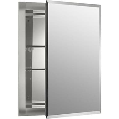 Kohler CB-CLR1620FS Frameless Bathroom Mirror Medicine Cabinet, Single Door, Rectangular Beveled Edge Frame, Bathroom Cabinet Mirror, Adjustable Shelves, 16 in. W x 20 in. H