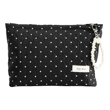 giteo bedding Makeup Bag, Travel Portable Cosmetic Bags for Women Girls, Elegant Polka Dot Make Up Case with Pearl Charm, Large Capacity Toiletry Organizer, Daily Use Pouches for Purse