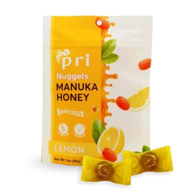 P.R.I Manuka Honey Lemon Nuggets – Natural Honey & Lemon Hard Candy, Individually Wrapped, No Corn Syrup, Gluten Free, Simple Ingredients, Made in New Zealand, 3 oz Bag