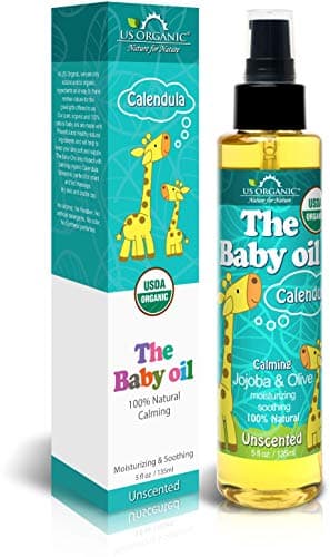 US Organic Baby Oil with Calendula, Jojoba, and Olive Oil with Vitamin E, USDA Certified Organic, No Alcohol, Paraben, Artificial Detergents, Color, Synthetic Perfumes, 5 fl. Oz (Pure Unscented)
