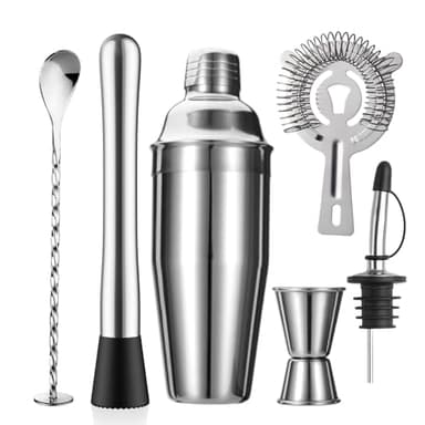 ZPUFAW 6-Piece Cocktail Shaker Set 24oz Shaker Strainer Muddler Jigger Mixing Spoon Pour Spout Bartender Kit Stainless Steel Bar Set Housewarming Gift