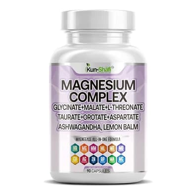 Kun Shafi Magnesium Complex with Magnesium Glycinate Malate, L-Threonate, Taurate, Orotate, Zinc,Aspartate, Copper Manganese & Vitamin D3 B6 Complex - 1Pack