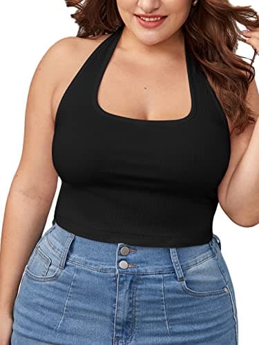 WDIRARA Women's Plus Size Tank Tops Sleeveless Backless Rib Knit Sexy Crop Halter Top Black 3XL