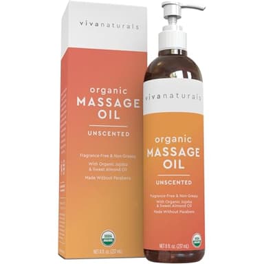 Viva Naturals Organic Massage Oil, Unscented, 8 fl oz (237 mL) – Non-Greasy, Certified Organic Massage Therapy Oils
