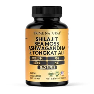 Shilajit 1000mg, Irish Sea Moss 100mg, Ashwagandha 100mg, Tongkat Ali, Boron, Magnesium, PQQ & More | 60 Capsules - 30 Days Supply| Fulvic Acid Veg Capsules| Vegan| Gluten Free | Non-GMO