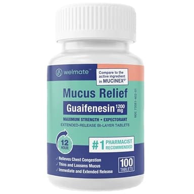 WELMATE - Mucus Relief - Guaifenesin 1200 mg Maximum Strength - Extended-Release Expectorant Tablets - Helps Clear Chest Congestion & Loosen Mucus - 12 Hour Relief - 100 Count