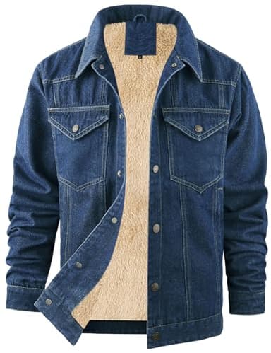 Flygo Mens Sherpa Fleece Lined Denim Jackets Winter Warm Snap Turn Down Collar Trucker Jacket Cowboy Thicken Heavy Duty Coat(NavyBlue-M)