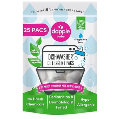 Dapple Baby Dishwasher Pacs, Hypoallergenic Dishwasher Pods Powered by Plants, Removes Milk Residue & Odor on Dishes, Baby Bottles & Kitchenware, Fragrance Free, 25 Count (Pack of 1)